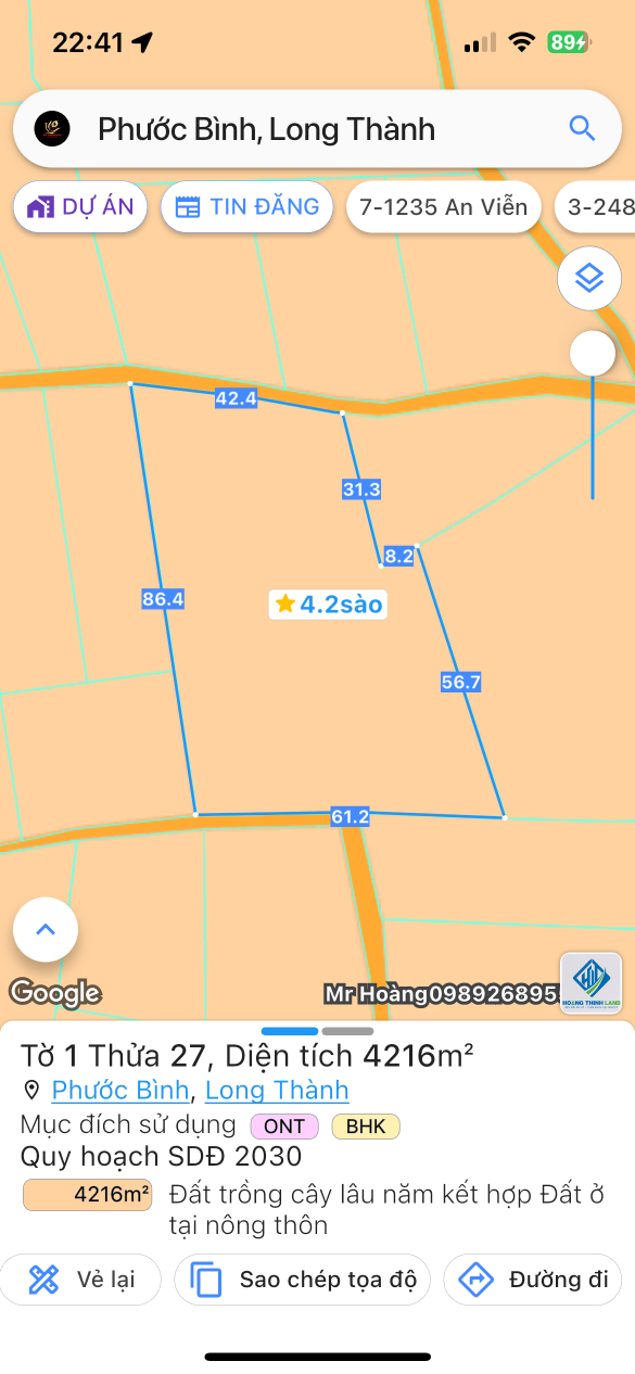 Bán đất 4216.4m² 4.5 tỷ tại Xã Phước Bình Huyện Long Thành