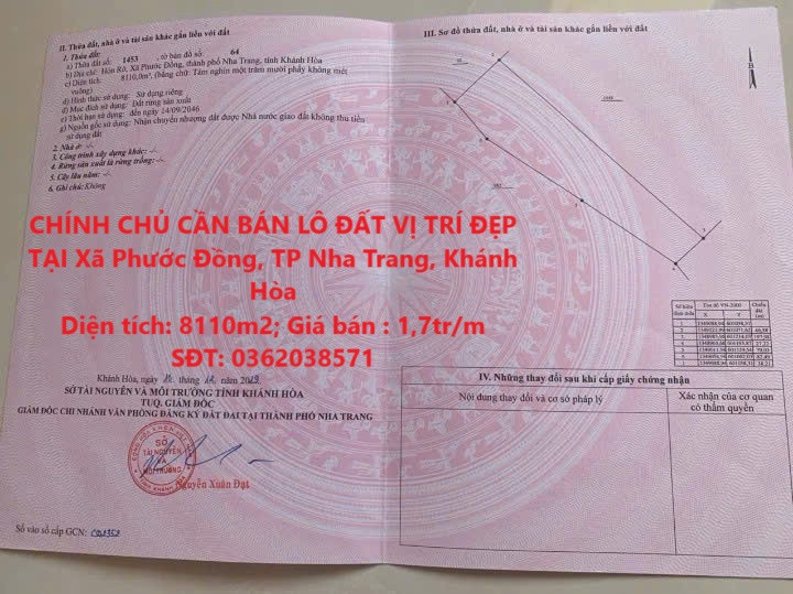 CHÍNH CHỦ CẦN BÁN LÔ ĐẤT VỊ TRÍ ĐẸP TẠI Xã Phước Đồng, TP Nha Trang, Khánh Hòa