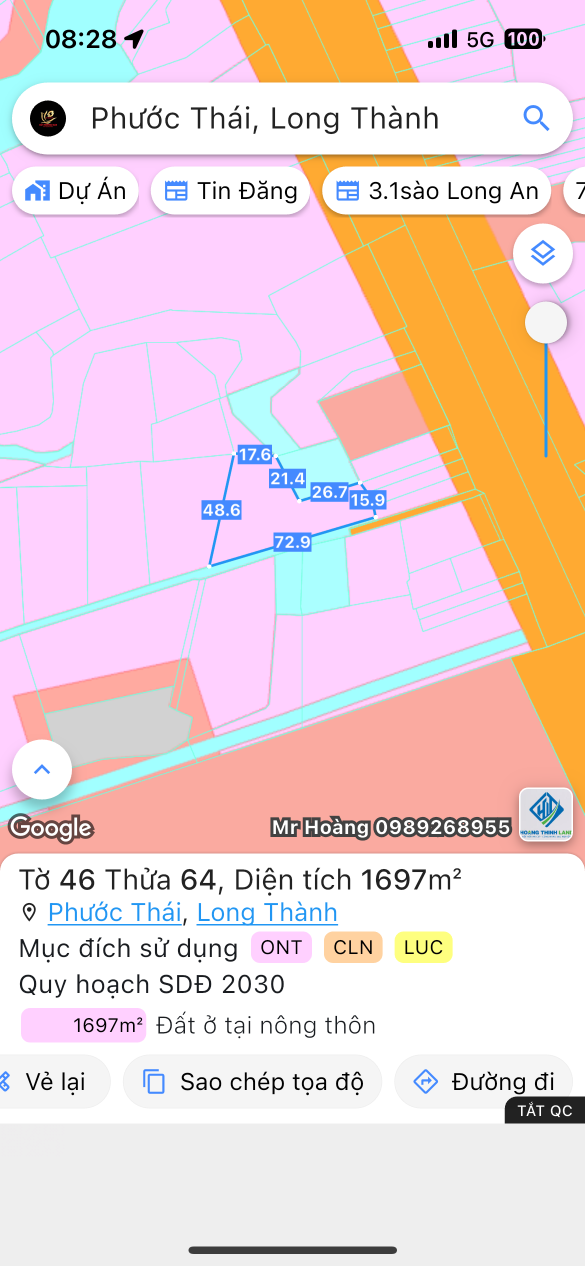 Bán đất 1697.3m² ngang 30m giá 6 tỷ Xã Phước Thái
