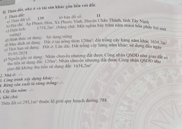 bán đất MT đường ĐT 788 . diện tích 1754 m2 . xã phước vinh . châu thành