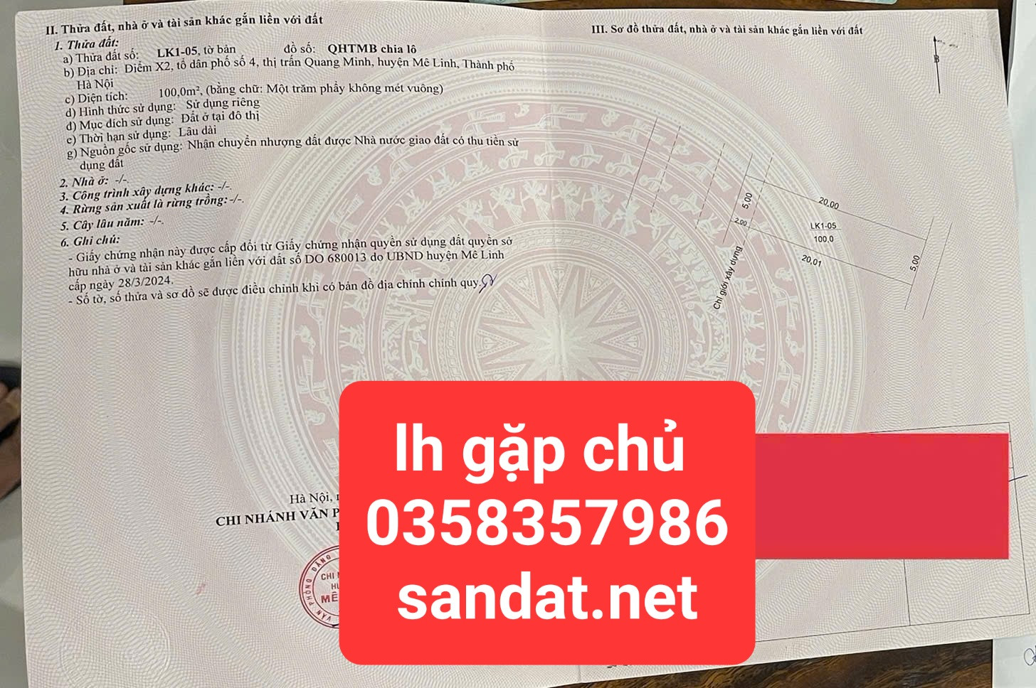 Bán đất 100m² ngang 5m giá 6.3 tỷ Xã Quang Minh