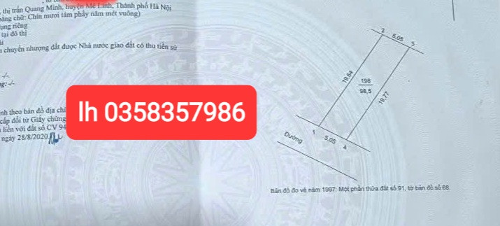 Bán đất 98.5m² ngang 5.05m giá 6.01 tỷ Xã Quang Minh