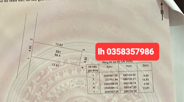 Bán đất 68.4m² ngang 4.95m giá 3.56 tỷ Xã Quang Minh