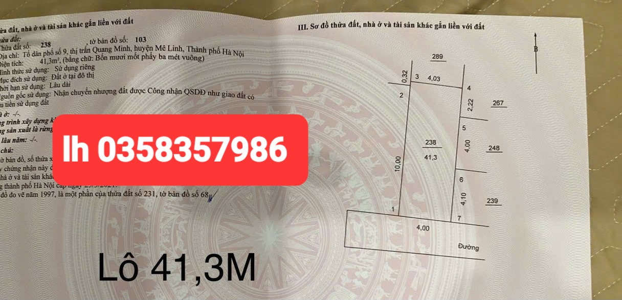 Bán đất 41.3m² ngang 4m giá 2.53 tỷ Xã Quang Minh