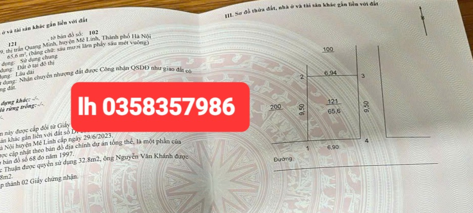 Bán đất 65.6m² ngang 9.5m giá 4.78 tỷ Xã Quang Minh