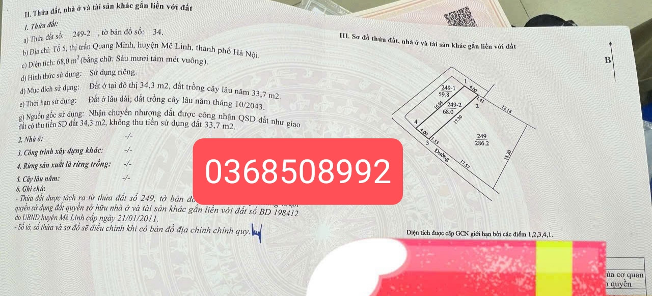 Bán đất 68m² ngang 4m giá 3.2 tỷ Xã Quang Minh