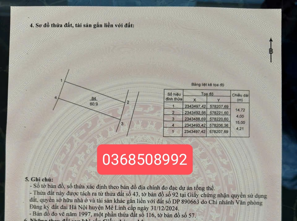 Bán đất 60m² ngang 4,2m giá 2.6 tỷ Xã Quang Minh