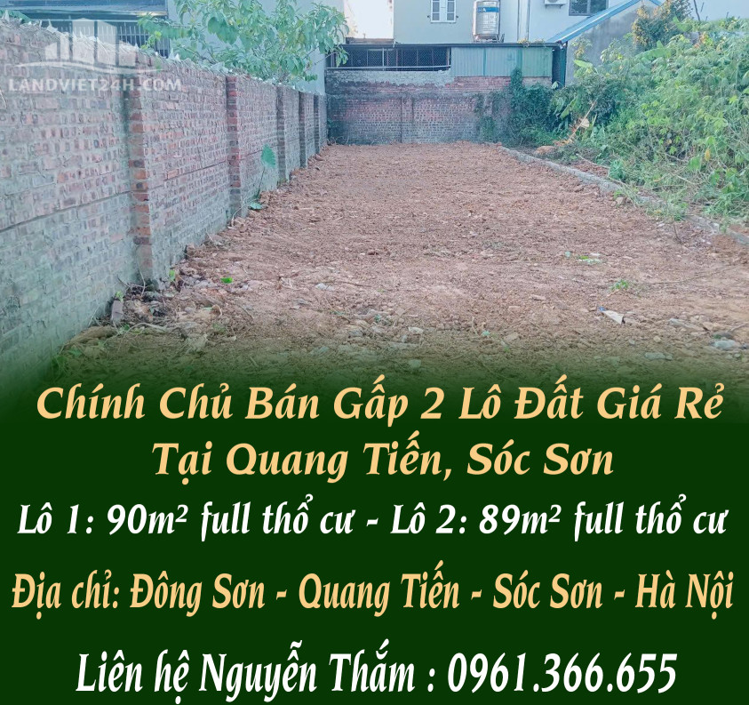 Chính Chủ Bán Gấp 2 Lô Đất Giá Rẻ Tại Quang Tiến, Sóc Sơn