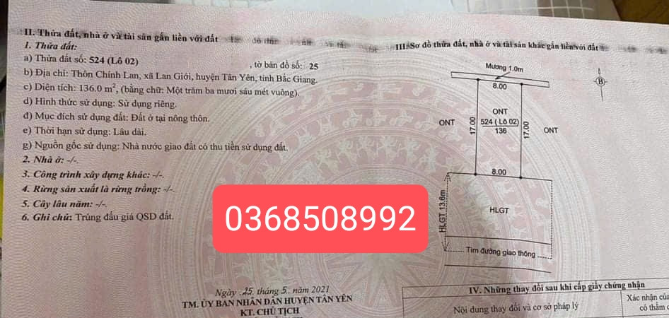 Bán đất 136m² ngang 8m giá 1.1 tỷ Xã Quang Trung