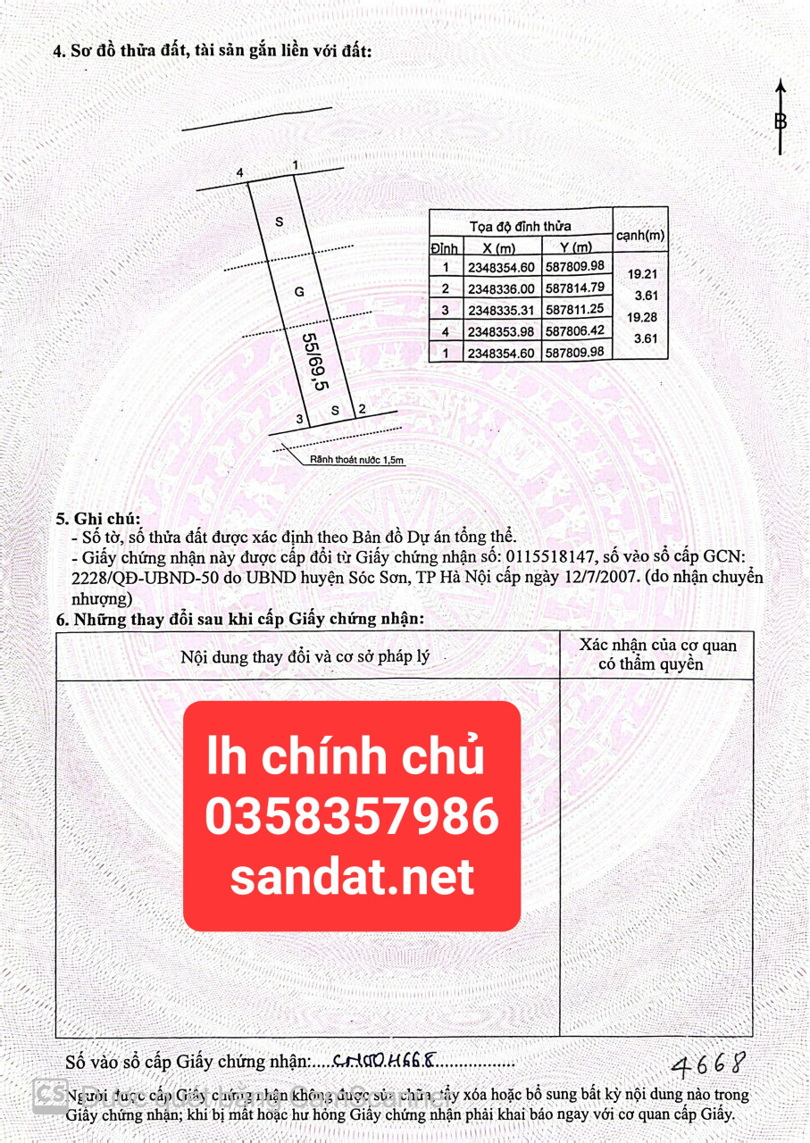 Bán đất 69.5m² ngang 3.61m giá 3 tỷ Xã Sóc Sơn