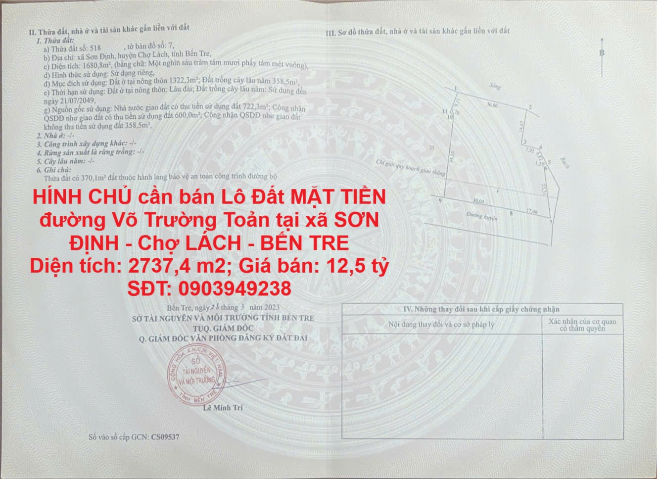 CHÍNH CHỦ cần bán Lô Đất MẶT TIỀN đường Võ Trường Toản tại xã SƠN ĐỊNH - Chợ LÁCH - BẾN TRE