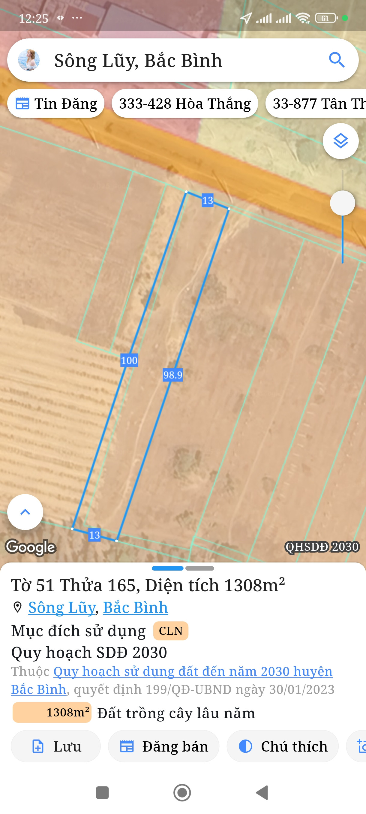 Bán đất 1307,6m² ngang 13m giá 0 triệu Xã Sông Lũy