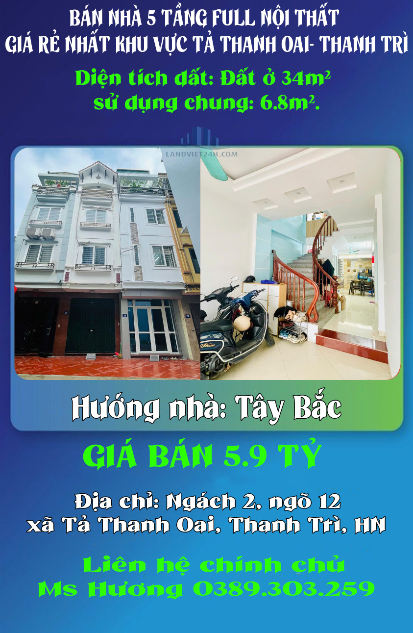 CHÍNH CHỦ BÁN NHÀ 5 TẦNG FULL NỘI THẤT GIÁ RẺ NHẤT KHU VỰC TẢ THANH OAI- THANH TRÌ