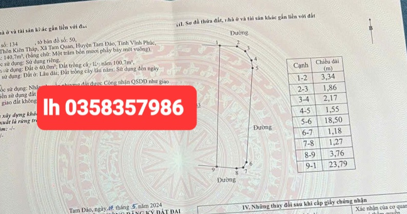 Bán đất 140.7m² ngang 6.21m giá 800 triệu Xã Tam Dương Bắc
