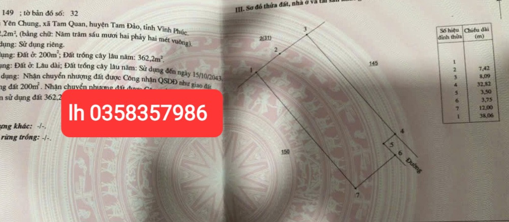 Bán đất 562.2m² có sẵn 200m² thổ cư ngang 15.51m giá 2.05 tỷ tại Xã Tam Dương Bắc