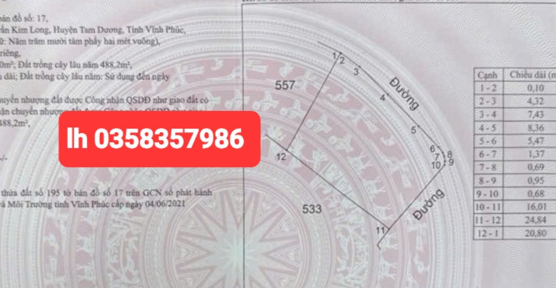 Bán đất 518.2m² ngang 20.8m giá 2.5 tỷ Xã Tam Dương