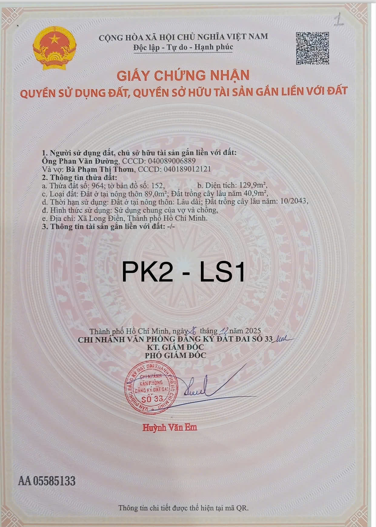 CHỦ GỬI BÁN CẮT LỖ TT TAM PHƯỚC LONG ĐIỀN - 850 TRIỆU