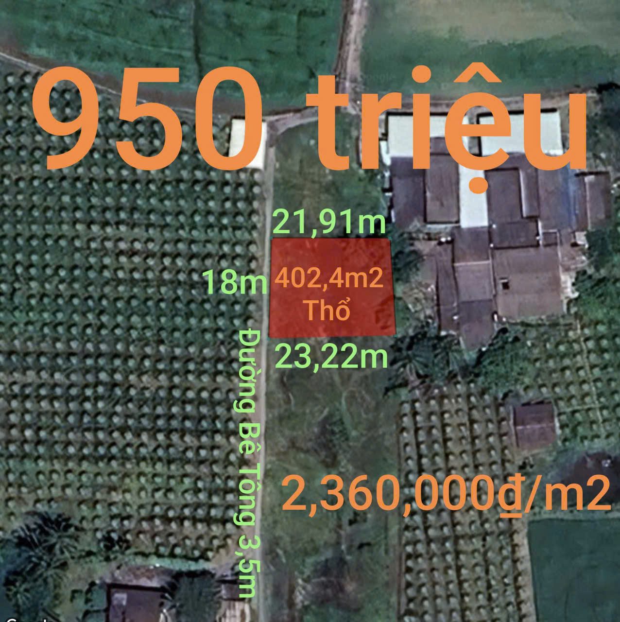 Bán Đất 402m² thổ cư 402m² giá 950 triệu tại Xã Tầm Vu Tây Ninh