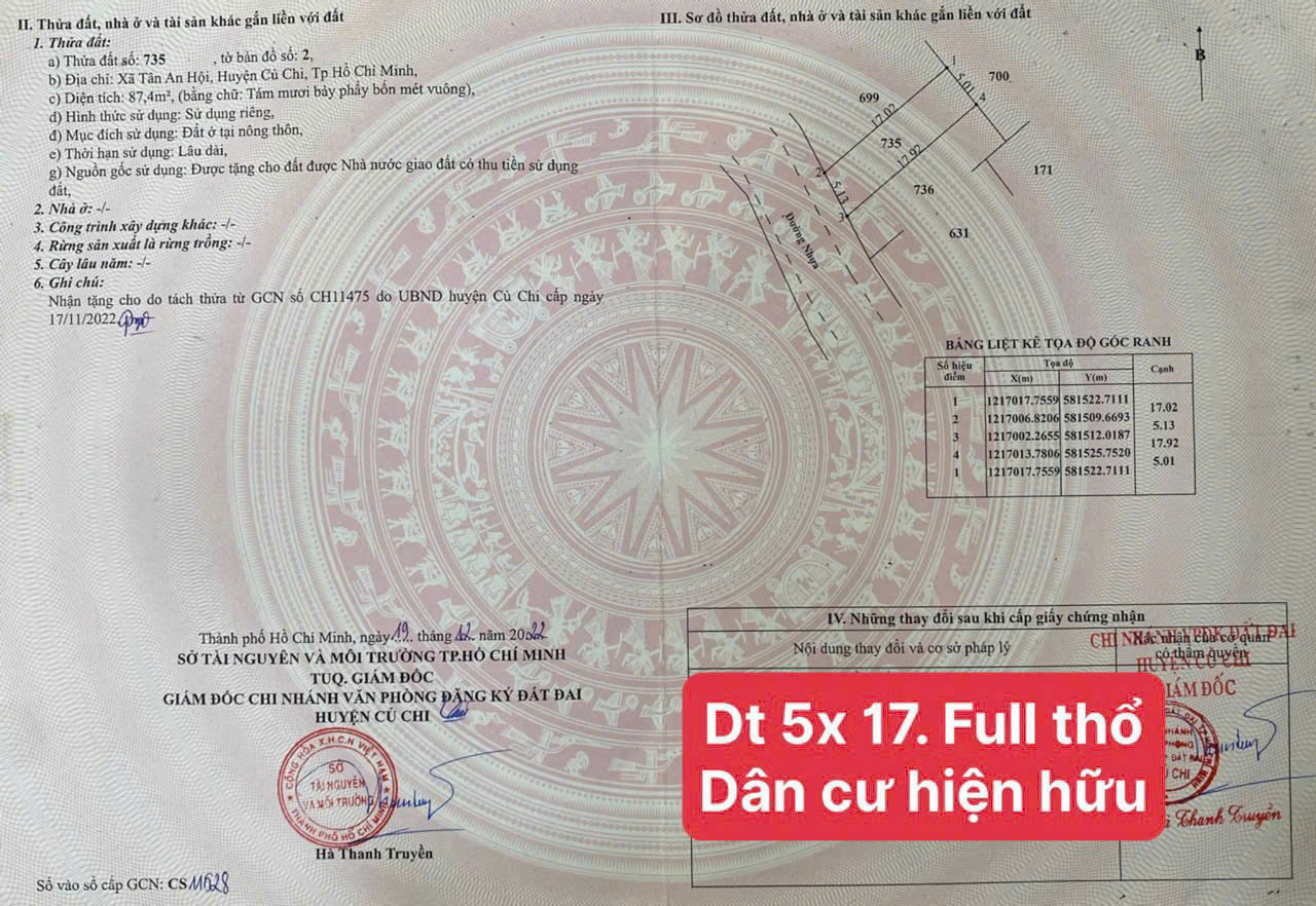 87m2 thổ cư đường nhựa xã Tân An Hội, Củ Chi giá 1,75 tỷ