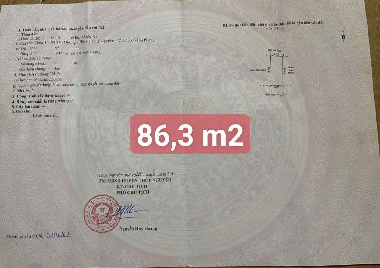 Bán đất 83,6m². đường nhựa 7m. 4.3 tỷ tại Xã Tân Dương Huyện Thuỷ Nguyên. liên hệ 0362558882