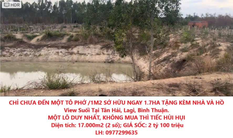 CHỈ CHƯA ĐẾN MỘT TÔ PHỞ /1M2 SỞ HỮU NGAY 1.7HA TẶNG KÈM NHÀ VÀ HỒ View Suối Tại Tân Hải, Lagi, Bình Thuận.