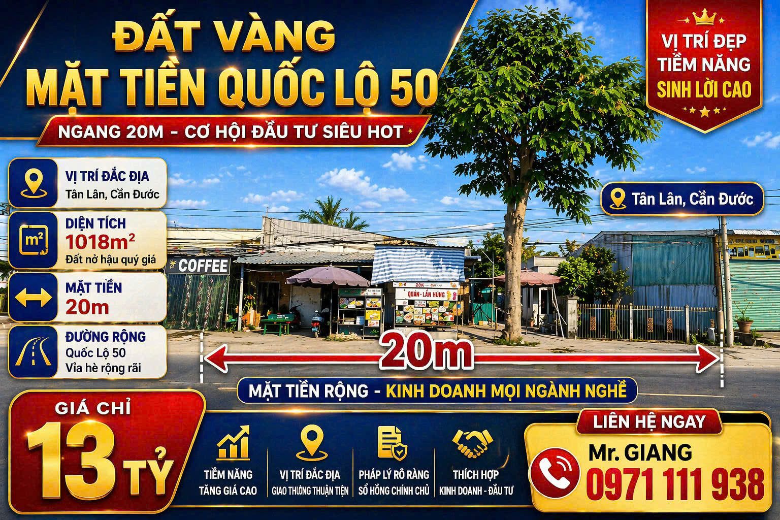 Bán đất vị trí đẹp tại Tân Lân, Cần Đước – mặt tiền rộng 20m – tiềm năng sinh lời cao