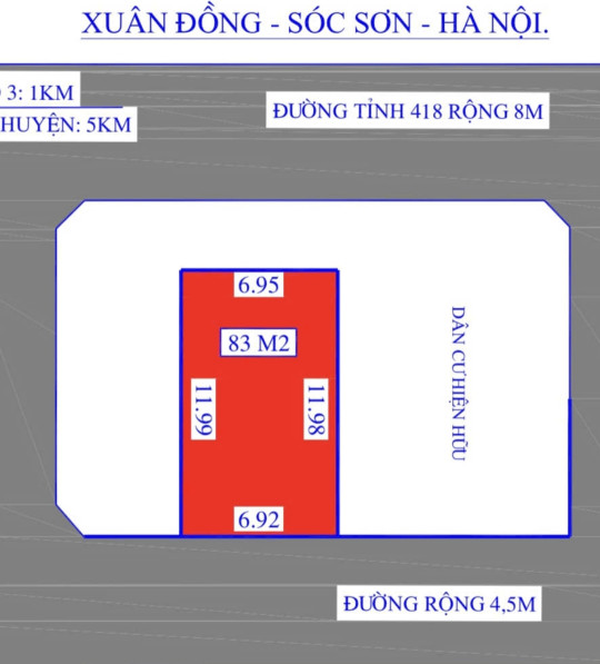 Bán đất 83m² ngang 6.9m giá 1.85 tỷ tại Xã Tân Minh Huyện Sóc Sơn