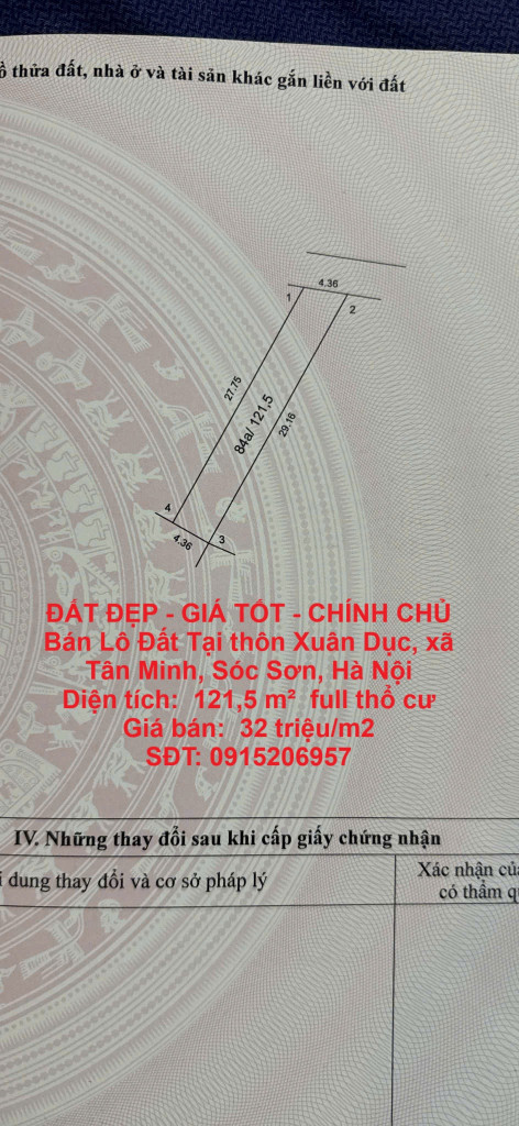 ĐẤT ĐẸP - GIÁ TỐT - CHÍNH CHỦ Bán Lô Đất Tại thôn Xuân Dục, xã Tân Minh, Sóc Sơn, Hà Nội