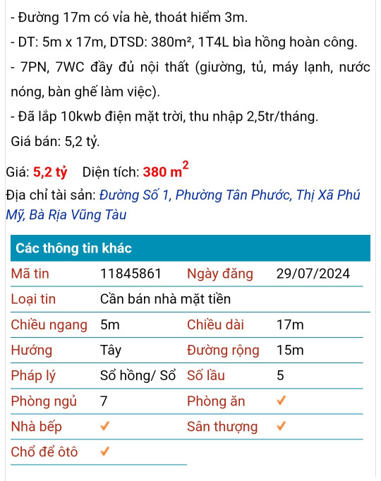 Chủ gởi bán căn nhà 5 lầu 1 trệt , phườn tân phước thị xã phú mỹ , bà rịa vũng tàu