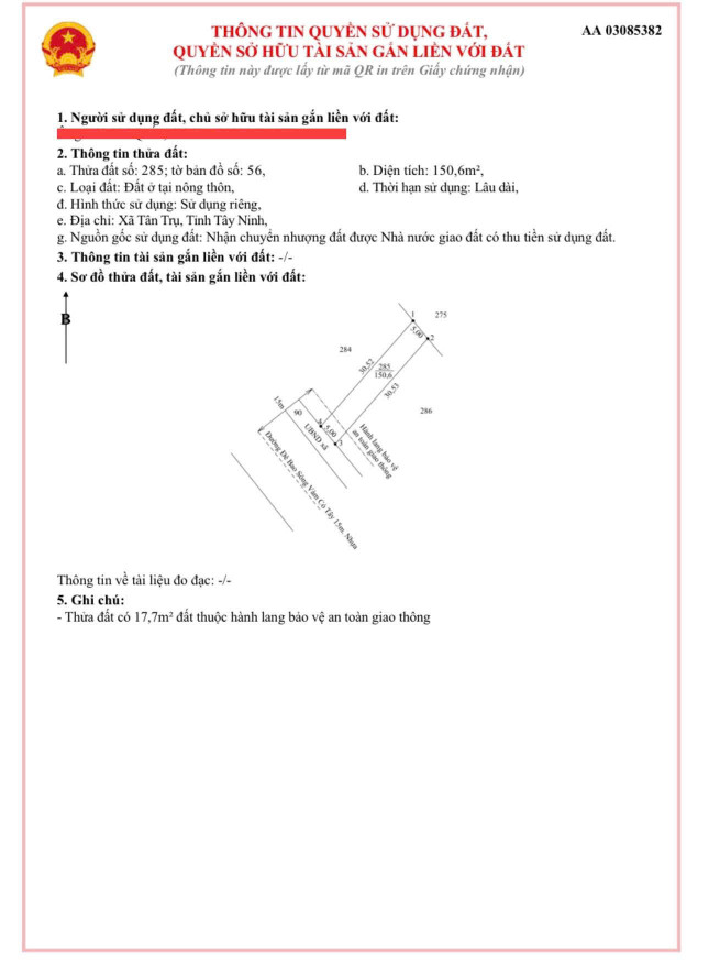 Bán nền thổ 5x30 MT đê bao nối thẳng ra đường vành đai TP Tân An Tại Xã Tân Trụ Tỉnh Tây Ninh