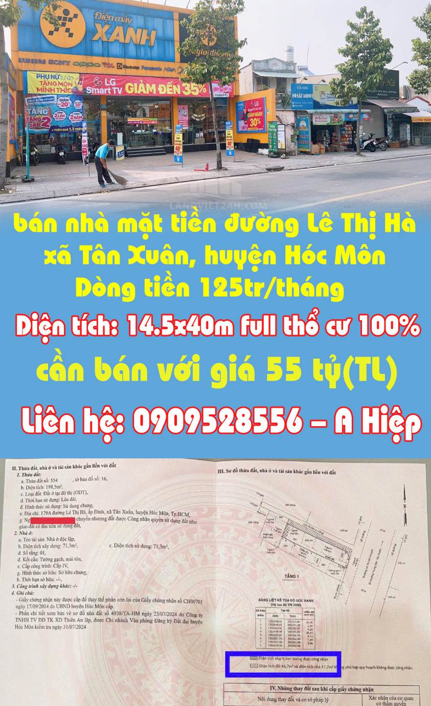 Chính chủ bán nhà mặt tiền đường Lê Thị Hà, xã Tân Xuân, huyện Hóc Môn Dòng tiền 125tr/tháng.