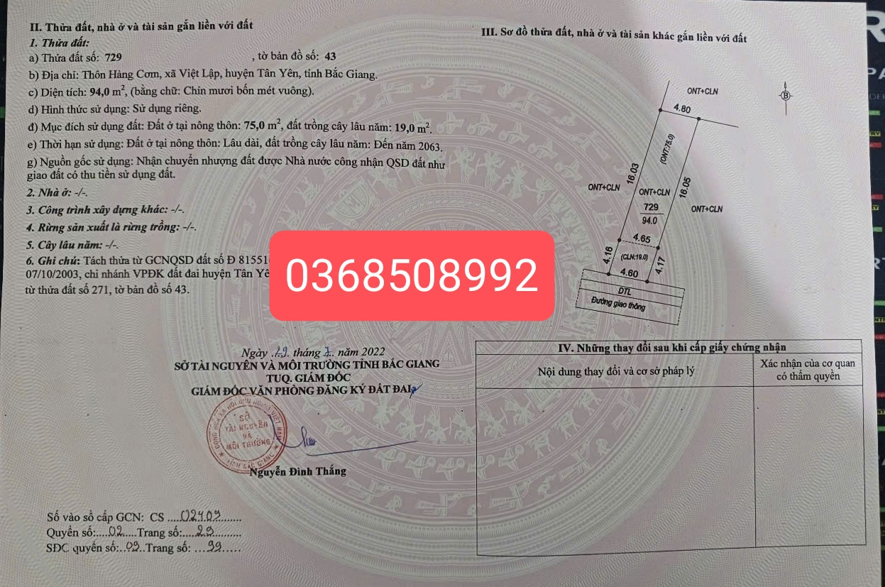 Bán đất 94m² ngang 4,6m giá 790 triệu Xã Tân Yên