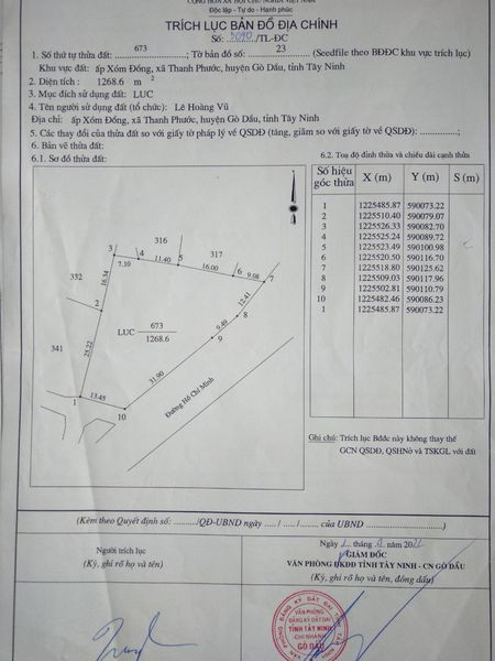 Bán đất 1286m² 3.4 tỷ tại Xã Thanh Phước Huyện Gò Dầu