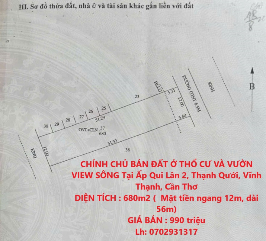 CHÍNH CHỦ BÁN ĐẤT Ở THỔ CƯ VÀ VƯỜN VIEW SÔNG Tại Ấp Qui Lân 2, Thạnh Qưới, Vĩnh Thạnh, Cần Thơ