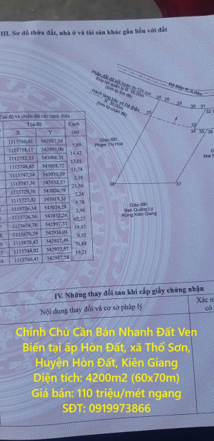 Chính Chủ Cần Bán Nhanh Đất Ven Biển tại ấp Hòn Đất, xã Thổ Sơn, Huyện Hòn Đất, Kiên Giang