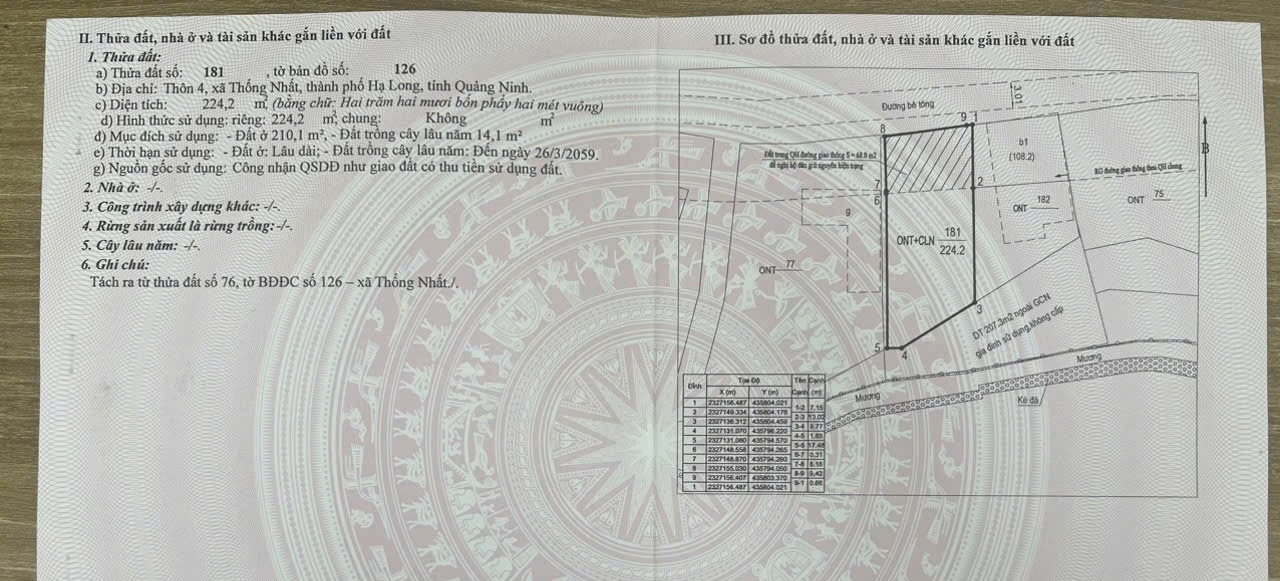 BÁN 224,2M2 ĐẤT THÔN 4,XÃ THỐNG NHẤT,QUẢNG NINH