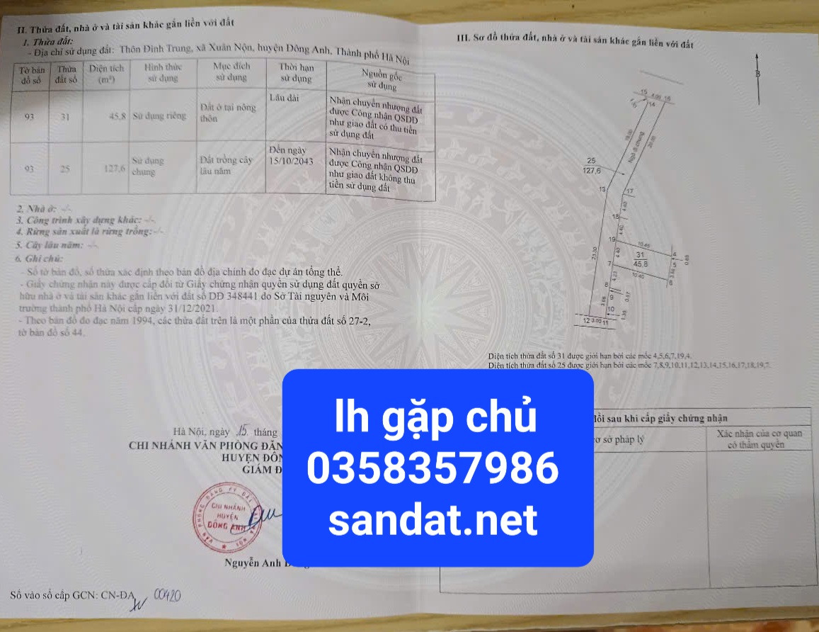 Bán đất 45.8m² ngang 4.4m giá 3.02 tỷ Xã Thư Lâm