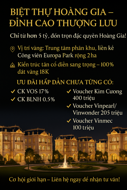 Bán Biệt Thự Hoàng Gia chỉ hơn 5 tỷ – chạm tới đỉnh vinh hoa!