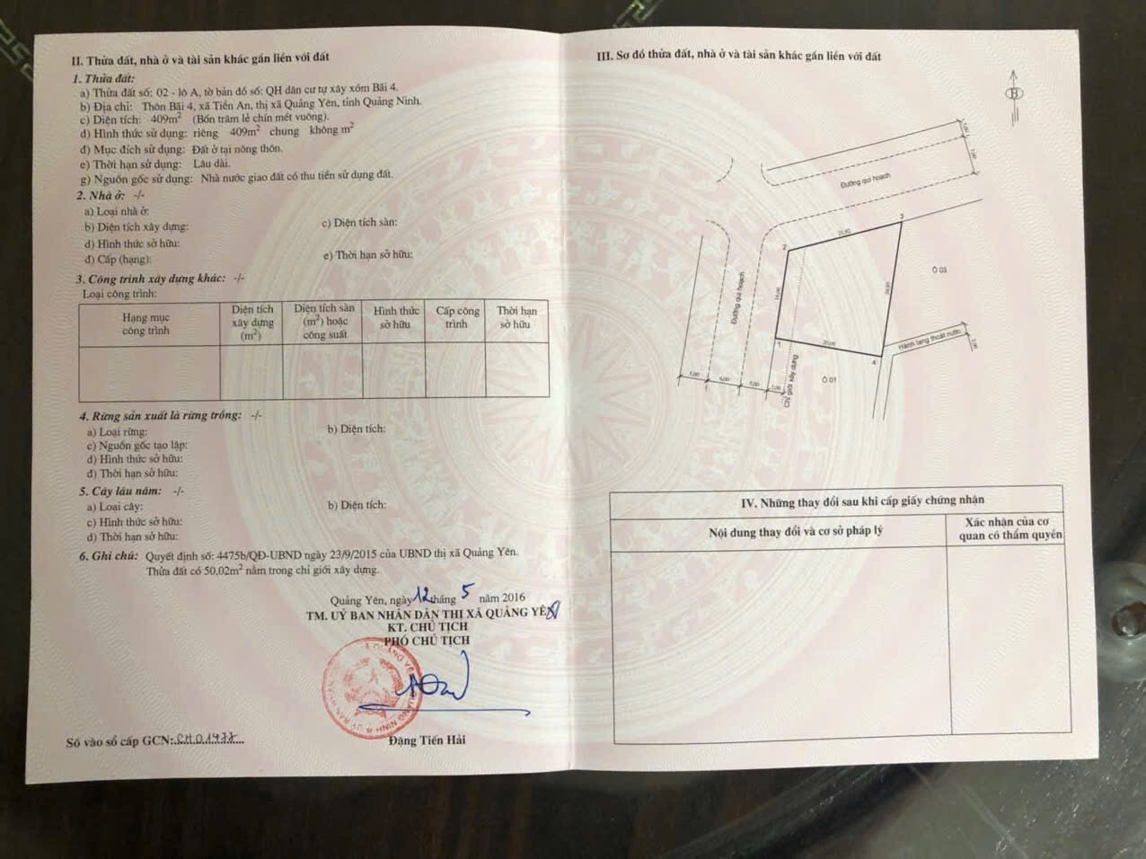 Đất thổ cư nằm ở vị trí lý tưởng tại Thôn Bãi 4, Tiền An, Quảng Yên, Quảng Ninh, với diện tích 409m2, thích hợp cho việc xây dựng nhà ở hoặc đầu tư sinh lời.