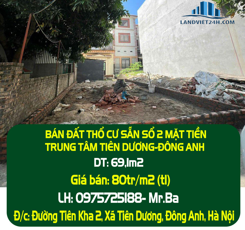 CHÍNH CHỦ BÁN ĐẤT THỔ CƯ SẴN SỔ 2 MẶT TIỀN TRUNG TÂM TIÊN DƯƠNG-ĐÔNG ANH
