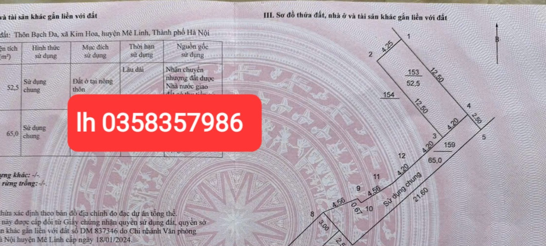 Bán đất 52.5m² full thổ cư ngang 4.25m giá 2.5 tỷ tại Xã Tiến Thắng