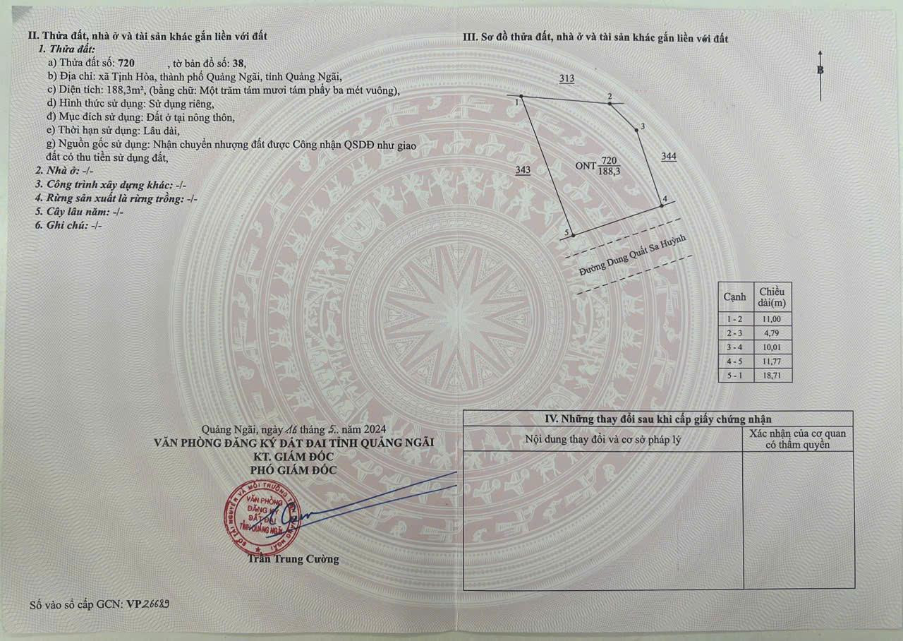 Bán đất thổ cư 188m2 MT QL24b, Tịnh Hoà, TP Quảng Ngãi - 10.5tr/m2
