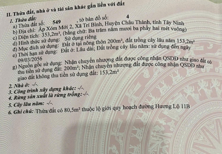 bán đất MT hương lộ 11B . DT 353 m2 . xã trí bình . châu thành