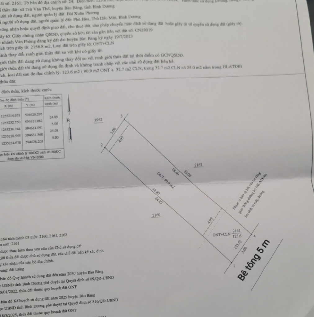 Bán đất 25m² ngang 5m giá 595 triệu Xã Trừ Văn Thố: 0815422197