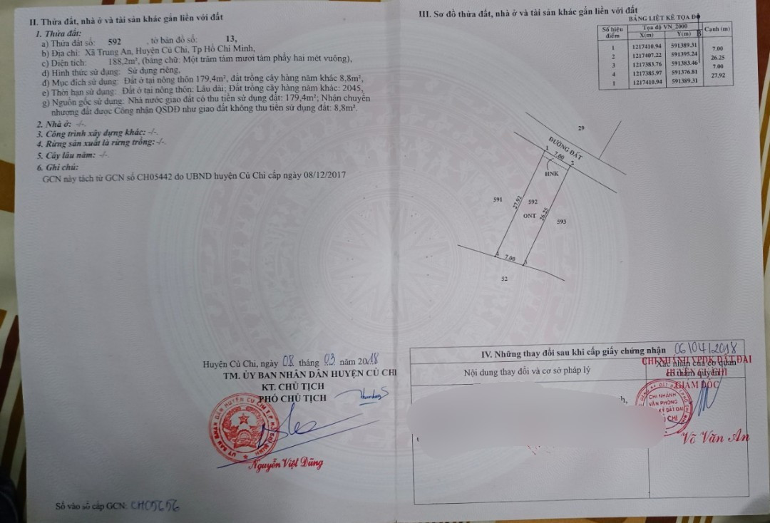 (L267)(Đã bán)  Đất xã Trung An, dt 188m2, giá 1 tỷ 850