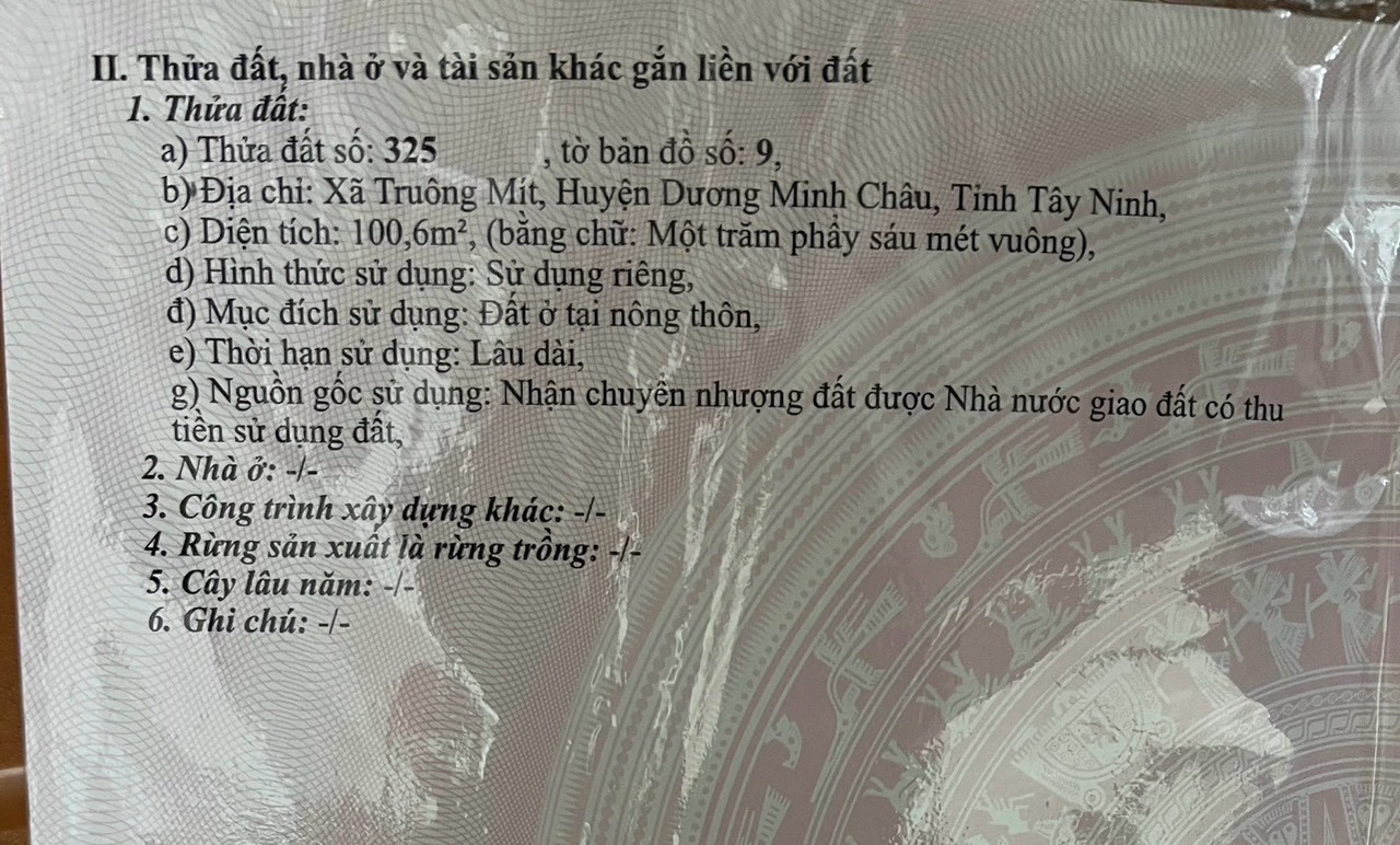 bán đất . diện tích 100 m2 . xã truông mít . dương minh châu