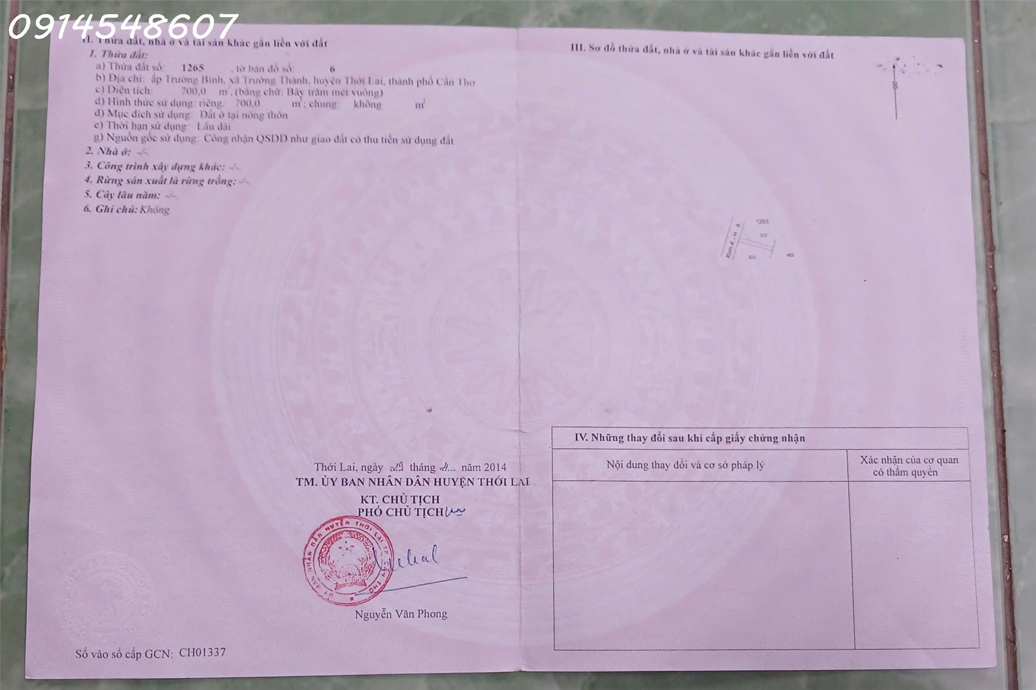 Bán đất sẵn nhà cấp 4 mặt tiền đường bê tông tại Trường Thành, Cần Thơ, DT 700m2, giá TL