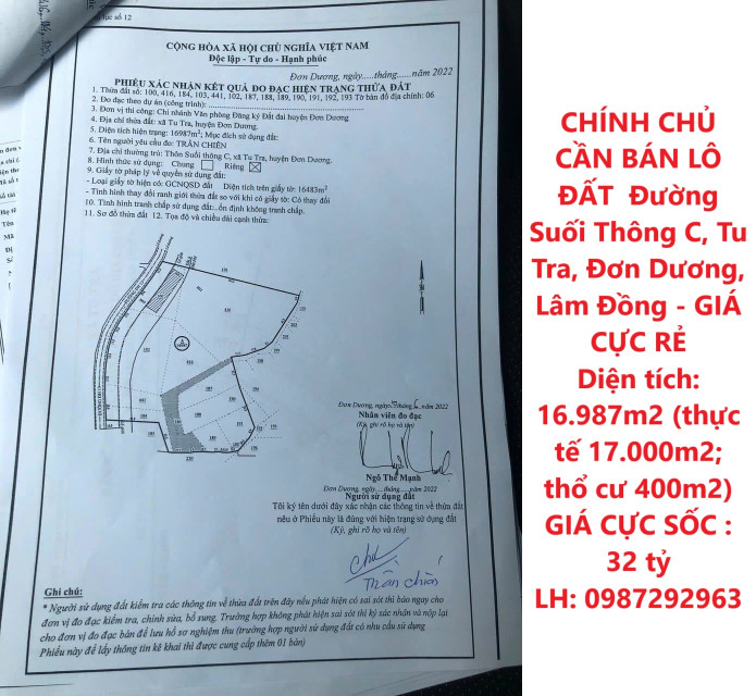 CHÍNH CHỦ CẦN BÁN LÔ ĐẤT  Đường Suối Thông C, Tu Tra, Đơn Dương, Lâm Đồng - GIÁ CỰC RẺ