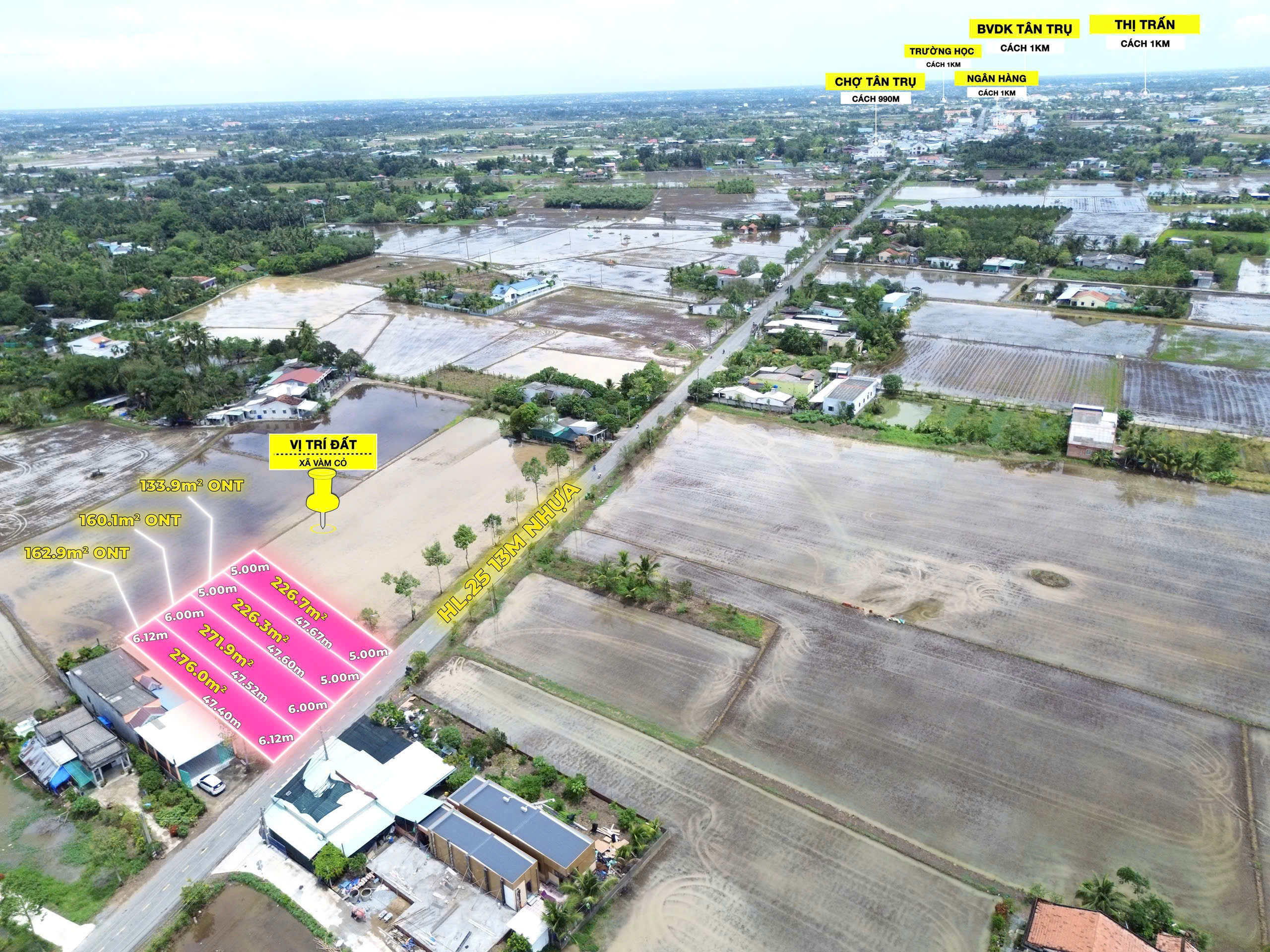 Bán lô thổ lúa 5x47,5 mt HL25 gần ngã 4 và thị trấn Tân Trụ tại Xã Vàm Cỏ Tỉnh Tây Ninh