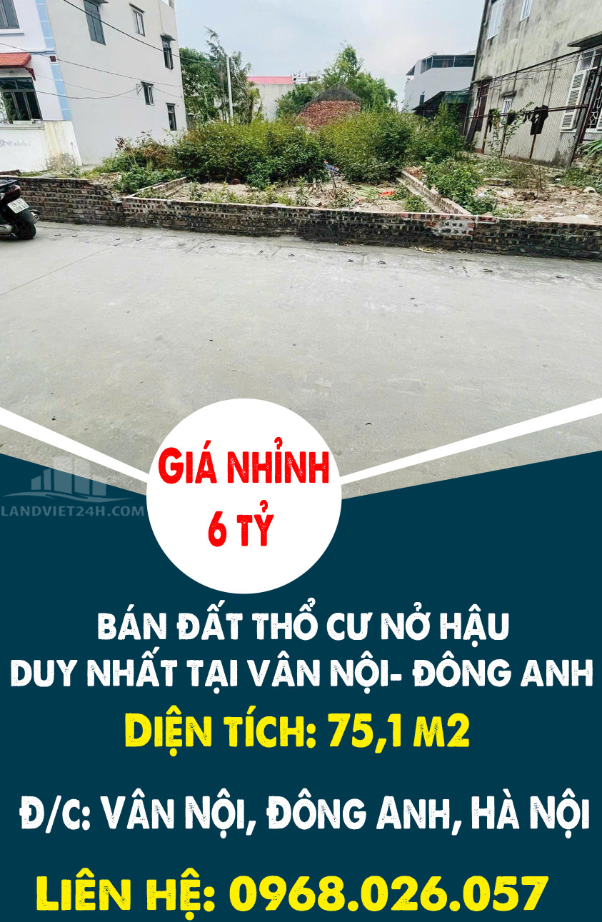 CHÍNH CHỦ BÁN ĐẤT THỔ CƯ NỞ HẬU DUY NHẤT TẠI VÂN NỘI- ĐÔNG ANH